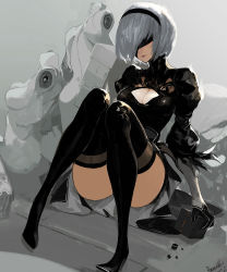 Rule 34 | 1girl, bamuth, black blindfold, black dress, black hairband, black skirt, blindfold, boots, covered eyes, dress, hairband, highres, looking at viewer, miniskirt, mole, nier (series), nier:automata, short hair, skirt, thigh boots, thighhighs, thighhighs under boots, white hair, 2b (nier:automata)