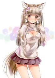 Rule 34 | 1girl, animal ears, blush, breasts, brown hair, cleavage, cleavage cutout, clothing cutout, dog ears, dog tail, long hair, medium breasts, meme attire, open-chest sweater, original, ribbed sweater, riolabo, skirt, solo, sweater, tail, turtleneck