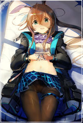 Rule 34 | 1girl, absurdres, amiya (arknights), animal ears, arknights, black jacket, blue skirt, brown hair, brown pantyhose, crop top, green eyes, highres, jacket, jewelry, long hair, long sleeves, looking at viewer, lying, midriff, miniskirt, multiple rings, navel, on back, open clothes, open jacket, pantyhose, pleated skirt, ponytail, rabbit ears, ring, shirt, skirt, solo, tatsukisan, tears, thigh gap, thigh strap, thighband pantyhose, white shirt