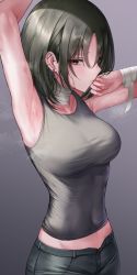 Rule 34 | 1girl, absurdres, armpits, arms up, bandaged arm, bandaged neck, bandages, black hair, black pants, black tank top, blue archive, breasts, collarbone, covered erect nipples, ear piercing, earrings, highres, jewelry, looking at viewer, medium breasts, misaki (blue archive), moleshi, pants, piercing, red eyes, simple background, skin tight, solo, steam, steaming body, stud earrings, sweatdrop, tank top
