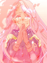 Rule 34 | 1boy, 1girl, anti-eyebrow piercing, armor, bodysuit, colored eyelashes, colored shadow, commentary, crossed fingers, crying, crying with eyes open, eyelashes, gloves, highres, jewelry bonney, long hair, looking up, monkey d. luffy, one piece, pink gloves, pink hair, pink theme, purple bodysuit, qkix, runny nose, shadow, shoulder armor, snot, solo focus, swept bangs, tears