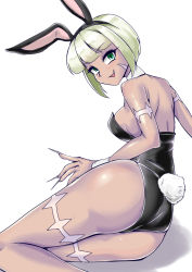Rule 34 | 1girl, 2018, ass, bob cut, dark-skinned female, dark skin, fang, fingernails, from behind, green eyes, highres, leotard, long fingernails, looking at viewer, looking back, mitsumi (fuha-2), ms. fortune (skullgirls), open mouth, playboy bunny, rabbit tail, scar, short hair, skullgirls, smile, solo, tail, white background, white hair, wrist cuffs