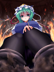 Rule 34 | 1boy, 1girl, breasts, clothed female nude male, dautsen, fire, giant, giantess, green eyes, green hair, highres, juliet sleeves, knees together feet apart, large breasts, long sleeves, nude, panties, panties under pantyhose, pantyhose, puffy sleeves, shaded face, shiki eiki, touhou, underwear, upskirt
