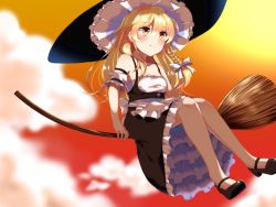 Rule 34 | 1girl, adapted costume, apron, arm cuffs, bare shoulders, black dress, black footwear, blonde hair, blue sky, blush, bow, braid, breasts, broom, broom riding, cleavage, cloud, commentary, cuffs, dress, hair bow, hat, kirisame marisa, legs, long hair, mary janes, petticoat, shoes, side braid, single braid, skirt, sky, sleeveless, small breasts, smile, solo, spaghetti strap, sunset, touhou, underbust, waist apron, white bow, witch hat, yellow eyes, yururi nano
