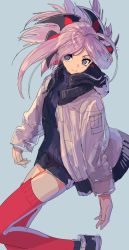 Rule 34 | 1girl, black sweater, blue background, blue eyes, cogecha, fate/grand order, fate (series), feet out of frame, highres, hood, hood down, hooded jacket, jacket, jewelry, light purple hair, long hair, long sleeves, miyamoto musashi (fate), necklace, open clothes, open jacket, red thighhighs, ribbed sweater, shorts, simple background, smile, solo, sweater, sweater under jacket, thighhighs, white jacket
