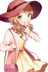Rule 34 | 10s, bad id, bad twitter id, bag, belt, blonde hair, coat, covering own mouth, dress, hand over own mouth, handbag, hat, houjou karen, idolmaster, idolmaster cinderella girls, jewelry, long sleeves, looking at viewer, misha (hoongju), necklace, pink coat, red hat, simple background, smile, twintails, upper body, white background, yellow dress, yellow eyes