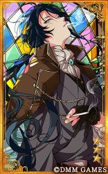 Rule 34 | 1boy, akutagawa ryuunosuke (bungou to alchemist), ascot, between fingers, black gloves, black hair, black vest, blue eyes, brooch, brown cape, bungou to alchemist, buttoned cuffs, cape, card (medium), cigarette, copyright notice, earrings, facing up, gloves, grey kimono, hair tubes, holding, holding cigarette, japanese clothes, jewelry, kimono, kinako (marubotan), lapels, long hair, long sleeves, looking at viewer, low ponytail, lowres, male focus, notched lapels, official art, parted lips, partially fingerless gloves, shirt, sideways glance, smoke, smoking, solo, stained glass, swept bangs, two-sided cape, two-sided fabric, upper body, vest, white ascot, white shirt