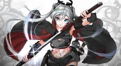 Rule 34 | 1girl, absurdres, armpits, asagon007, black cape, blue eyes, cape, floating hair, grey skirt, grin, hair between eyes, hair ornament, highres, holding, holding sheath, holding sword, holding weapon, long hair, looking at viewer, midriff, miniskirt, multiple swords, navel, original, sheath, silver hair, skirt, smile, solo, stomach, sword, twintails, unsheathing, very long hair, weapon