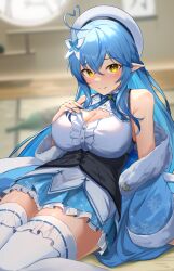 Rule 34 | 1girl, absurdres, ahoge, almico, beret, blue bow, blue hair, blue nails, blue skirt, bow, breasts, cleavage, flower, hair flower, hair ornament, hand on own chest, hat, heart, heart ahoge, highres, hololive, large breasts, long hair, off shoulder, pointy ears, skirt, solo, thighhighs, virtual youtuber, yellow eyes, yukihana lamy