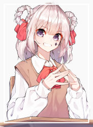 Rule 34 | 1girl, blush, bow, braid, braided hair rings, chair, collared shirt, copyright request, desk, facial mark, grey background, grin, hair between eyes, hair bow, hair rings, highres, korean streamer, long hair, long sleeves, looking at viewer, on chair, puffy long sleeves, puffy sleeves, purple eyes, red bow, runray, school chair, school desk, school uniform, se.a, shirt, silver hair, sitting, sleeves past wrists, smile, solo, streamers, sweater vest, upper body, white shirt