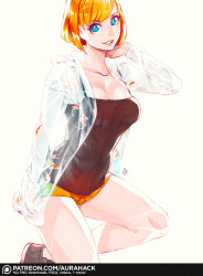 Rule 34 | 1girl, aurahack, blue eyes, bob cut, breasts, camisole, cleavage, hand in pocket, looking at viewer, making-of available, medium breasts, orange hair, orange shorts, original, raincoat, see-through, shoes, short hair, short shorts, shorts, smile, sneakers, solo, spaghetti strap, thighs, white background