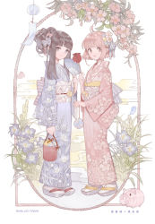 Rule 34 | 2girls, :d, ahoge, artist name, basket, black hair, blue kimono, blunt bangs, bob cut, bow, bug, butterfly, candy apple, cardcaptor sakura, commentary request, daidouji tomoyo, dated, faustneo, floral print, flower, food, hair bow, hair flower, hair ornament, hair up, hand fan, holding, holding fan, insect, japanese clothes, kanzashi, kimono, kinomoto sakura, looking at viewer, multiple girls, muted color, obi, open mouth, paper fan, pink hair, pink kimono, sandals, sash, short hair, sidelocks, smile, tabi, tanabata, uchiwa, water yoyo, wide sleeves, wind chime