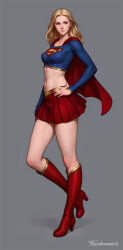 Rule 34 | 1girl, arm at side, artist name, belt, blonde hair, blue eyes, boots, breasts, cape, commentary, covered erect nipples, dc comics, english commentary, full body, grey background, hand on own hip, high heel boots, high heels, highres, knee boots, light smile, long hair, long sleeves, medium breasts, midriff, navel, pleated skirt, red cape, red footwear, red skirt, simple background, skirt, solo, supergirl, superman (series), tarakanovich