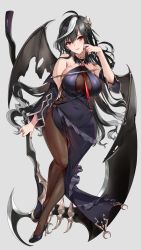 Rule 34 | 1girl, absurdres, ahoge, alracoco, arm at side, bat wings, black hair, bodystocking, breasts, character request, collared dress, dress, floating, grey background, hair between eyes, hair ornament, halter dress, halterneck, hand up, high heels, highres, holding, holding scythe, holding weapon, large breasts, long hair, looking at viewer, multicolored hair, official art, pantyhose, red eyes, rise of girls, scythe, see-through, shoes, simple background, solo, streaked hair, weapon, white hair, wings