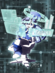 Rule 34 | 1girl, beret, blue eyes, call (mighty no. 9), call b, chair, dated, glasses, hat, highres, holographic interface, holographic monitor, holographic touchscreen, joints, mighty no. 9, over-rim eyewear, ramzaroma, robot, robot joints, semi-rimless eyewear, sitting, solo