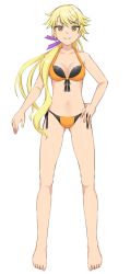 Rule 34 | 1girl, alternate costume, alternate hairstyle, barefoot, bikini, blonde hair, breasts, c i an, hair ornament, hairclip, hand on own hip, highres, long hair, looking at viewer, matara okina, navel, orange eyes, ponytail, simple background, small breasts, smile, solo, star (symbol), swimsuit, thighs, touhou, white background