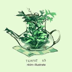 Rule 34 | artist name, english text, glass, green background, green theme, lowres, nadia kim, no humans, overflowing, see-through, tea, tea leaves, tea plant, teapot