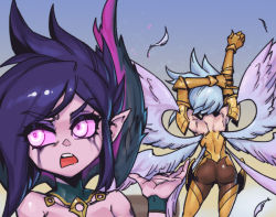 Rule 34 | 2girls, annoyed, armor, arms up, ass, bare shoulders, colored sclera, from behind, gold armor, grey hair, hand up, kayle (league of legends), league of legends, morgana (league of legends), multicolored background, multiple girls, open mouth, phantom ix row, pink eyes, pink sclera, pointy ears, purple hair, shiny clothes, short hair, standing, teeth, upper teeth only, wings, wrist cuffs