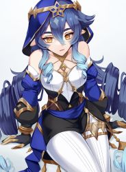 Rule 34 | 1girl, astertia, bare shoulders, black gloves, blue hair, blue hood, breasts, bright pupils, claw ring, closed mouth, detached sleeves, drill hair, drill sidelocks, expressionless, genshin impact, gloves, hair between eyes, highres, hood, jewelry, layla (genshin impact), long hair, long sleeves, looking at viewer, pointy ears, puffy sleeves, sidelocks, sitting, small breasts, solo, very long hair, white background, white pupils, yellow eyes