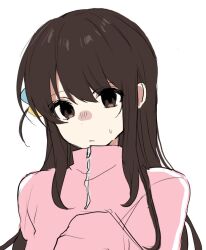 Rule 34 | 1girl, alternate eye color, alternate hair length, alternate hairstyle, bocchi the rock!, brown eyes, brown hair, cube hair ornament, female focus, gotoh hitori, hair ornament, jacket, looking at viewer, matching hair/eyes, pink track suit, simple background, solo, sweatdrop, track jacket, track suit, unizuma eleven, upper body, white background