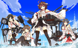 Rule 34 | 10s, :d, :o, ;d, ahoge, bare shoulders, black hair, boots, brown hair, detached sleeves, dojikko pose, double bun, frilled skirt, frills, glasses, hair ornament, hairband, hand on own knee, haruna (kancolle), hiei (kancolle), highres, ivuki, japanese clothes, kantai collection, kirishima (kancolle), kongou (kancolle), long hair, multiple girls, nontraditional miko, one eye closed, open mouth, own hands together, pantyhose, personification, ribbon-trimmed sleeves, ribbon trim, short hair, skirt, smile, thigh boots, thighhighs, water, wink, zettai ryouiki