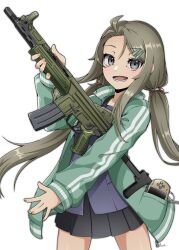 Rule 34 | 1girl, :d, assault rifle, black skirt, blue shirt, brown hair, cetme model l, commentary request, forehead, full body, green jacket, grey eyes, gun, hair ornament, hairclip, hand up, highres, holding, holding gun, holding weapon, jacket, kneehighs, loafers, long hair, long sleeves, low twintails, open clothes, open jacket, open mouth, original, paravene, parted bangs, pleated skirt, puffy long sleeves, puffy sleeves, rifle, school uniform, shirt, shoes, signature, simple background, skirt, sleeves past wrists, smile, socks, solo, twintails, very long hair, weapon, white background