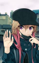 Rule 34 | 1girl, black hat, bracelet, brown hair, city, commentary request, dated, hat, highres, idolmaster, idolmaster cinderella girls, jacket, jewelry, looking at viewer, mask, mask pull, mouth mask, multicolored hair, ninomiya asuka, pink hair, purple eyes, ring, short hair with long locks, signature, smile, solo, tarachine, two-tone hair, waving
