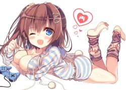 Rule 34 | 1girl, :d, ;d, barefoot, blue eyes, blush, breast hold, breasts, brown hair, cleavage, collarbone, commentary request, controller, dutch angle, fang, feet, full body, game controller, gamepad, hair between eyes, hair ornament, hair scrunchie, hairclip, heart, hisaka hazara, hood, hooded jacket, hoodie, jacket, leg warmers, legs up, looking at viewer, lying, medium breasts, on stomach, one eye closed, open mouth, original, scrunchie, short hair, short shorts, shorts, side ponytail, simple background, smile, soles, solo, striped clothes, striped hoodie, tareme, the pose, toeless legwear, toes, white background