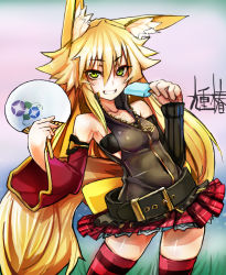 1girl animal_ears belt belt_skirt blonde_hair breasts female_focus fox_ears fox_tail green_eyes grin hand_fan highres kokonoe_tsubaki long_hair original paper_fan plaid_clothes plaid_skirt skirt small_breasts smile solo striped_clothes striped_thighhighs tail taishi_(artist) taishi_(picchiridou) thighhighs uchiwa very_long_hair