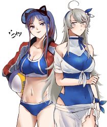 Rule 34 | 2girls, ahoge, ball, bikini, black headwear, blue bikini, blue hair, breasts, cleavage, closed mouth, competition swimsuit, covered navel, grey hair, hair ornament, hairband, highres, holding, holding ball, jacket, kantai collection, large breasts, long hair, multiple girls, nidou, off shoulder, one-piece swimsuit, ponytail, red hair, sarong, see-through, shirt, sidelocks, south dakota (kancolle), swimsuit, tied shirt, tongue, tongue out, visor cap, washington (kancolle), white shirt