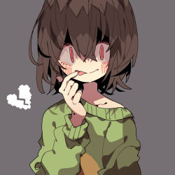 Rule 34 | 1other, arm at side, blush, broken heart, brown hair, chara (undertale), child, closed mouth, collarbone, finger to mouth, green sweater, grey background, hair between eyes, heart, highres, long sleeves, looking at viewer, nikorashi-ka, no eyebrows, no nose, partially shaded face, red eyes, short hair, smile, straight-on, striped clothes, striped sweater, sweater, tongue, tongue out, undertale, upper body, yellow sweater
