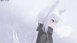Rule 34 | 1girl, absurdres, animal ear fluff, animal ears, black jacket, black scarf, blue eyes, commentary request, dated, day, fox ears, fox girl, fox tail, from side, highres, jacket, kuronagi (mitora uwu), long hair, original, outdoors, parted lips, profile, scarf, snowing, solo, tail, upper body, white hair