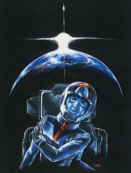 Rule 34 | 1980s (style), 1boy, amuro ray, astronaut, black background, cockpit, earth (planet), gloves, gundam, helmet, highres, looking at viewer, looking up, male focus, military, military uniform, mobile suit gundam, official art, oldschool, pilot, pilot suit, planet, realistic, retro artstyle, robot, science fiction, signature, simple background, solo, space, spacecraft, spacesuit, traditional media, uniform, upper body, yasuhiko yoshikazu