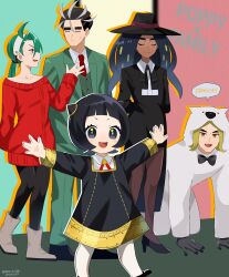 Rule 34 | 2boys, 3girls, :d, ahoge, all fours, anya (spy x family), anya (spy x family) (cosplay), black footwear, black hair, black headwear, black pants, blonde hair, bond (spy x family), bond (spy x family) (cosplay), boots, closed eyes, closed mouth, collared shirt, commentary request, cosplay, creatures (company), game freak, geeta (pokemon), genjitsu o miro, green hair, green jacket, green pants, grey footwear, hairband, hand up, hassel (pokemon), hat, high heels, highres, jacket, larry (pokemon), long hair, long sleeves, multiple boys, multiple girls, necktie, nintendo, open mouth, outstretched arms, pants, pantyhose, pokemon, pokemon sv, ponytail, poppy (pokemon), red eyes, red necktie, red sweater, rika (pokemon), shirt, shoes, short hair, smile, speech bubble, spy x family, standing, sweater, twilight (spy x family), twilight (spy x family) (cosplay), white hairband, white pantyhose, white shirt, yor briar, yor briar (cosplay)