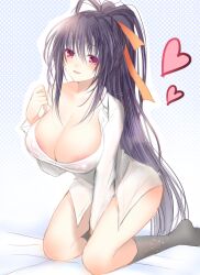 Rule 34 | 1girl, areola slip, bed sheet, between legs, black hair, black socks, breasts, cleavage, collared shirt, commentary request, covered erect nipples, hair between eyes, hand between legs, heart, high school dxd, highres, himejima akeno, huge breasts, kneehighs, kneeling, large breasts, long hair, long sleeves, looking at viewer, naked shirt, off shoulder, open mouth, ponytail, purple eyes, rara419, shirt, simple background, smile, socks, solo, very long hair, white shirt