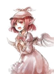 Rule 34 | &gt;:d, 1girl, :d, animal ears, bow, bowtie, brown hat, dress, female focus, hat, highres, kaoru (rena12345), mystia lorelei, open mouth, pink hair, red eyes, short hair, smile, solo, touhou, v-shaped eyebrows, white background, wings