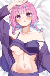 Rule 34 | 1girl, absurdres, artist request, bed sheet, blue hair, blush, breasts, collarbone, cowboy shot, highres, hololive, light blue hair, looking at viewer, lying, minato aqua, multicolored hair, navel, on back, open mouth, pink eyes, pink hair, solo, strap slip, streaked hair, tagme, underboob, virtual youtuber