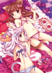 Rule 34 | 2girls, animal ears, bad id, bad pixiv id, bra, brown hair, candy, cat ears, cat tail, child, cosmetics, flat chest, food, light purple hair, lingerie, makeup, multiple girls, nail polish bottle, original, panties, smile, striped bra, striped clothes, striped panties, tail, tea, underwear, underwear only, wasabi (sekai)