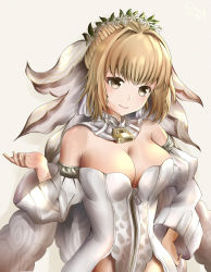 Rule 34 | 10s, 1girl, absurdres, animal print, bad id, bad pixiv id, bare shoulders, blonde hair, blush, breasts, bridal veil, bride, brown eyes, chain, cleavage, closed mouth, cowboy shot, detached collar, detached sleeves, dress, fate/extra, fate/extra ccc, fate/grand order, fate (series), flower, flower wreath, full-length zipper, green eyes, grey background, grey eyes, hair flower, hair intakes, hair ornament, hand on own hip, hand up, head tilt, head wreath, highres, hip focus, large breasts, leopard print, leotard, light smile, lock, looking at viewer, nero claudius (bride) (fate), nero claudius (bride) (second ascension) (fate), nero claudius (fate), nero claudius (fate) (all), padlock, puffy detached sleeves, puffy sleeves, short hair with long locks, sidelocks, signature, simple background, smile, solo, standing, strapless, strapless leotard, tiand (tt52370), turtleneck, veil, wedding dress, white leotard, white theme, wide sleeves, zipper, zipper pull tab