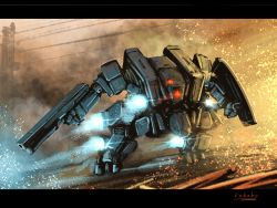Rule 34 | bottoms1237, charging forward, glowing, glowing eyes, gun, highres, holding, holding gun, holding weapon, mecha, no humans, original, red eyes, robot, science fiction, solo, vernier thrusters, weapon
