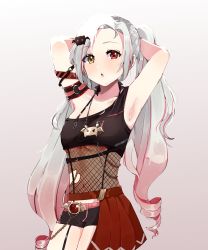 Rule 34 | 1girl, absurdres, alternate costume, armpits, arms up, breasts, casual, collarbone, commentary, english commentary, fishnets, grey hair, heterochromia, highres, liliana vampaia, long hair, looking at viewer, medium breasts, myholo tv, navel, sktar, solo, virtual youtuber, white background