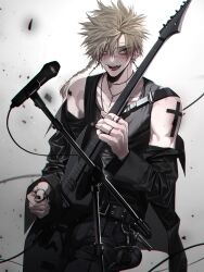 Rule 34 | 1boy, animal charm, aza choubei, black jacket, black nails, black pants, black tank top, blank eyes, blonde hair, chromatic aberration, cross, cross earrings, cross scar, cross tattoo, earrings, electric guitar, gradient background, guitar, gun sling, highres, holding, holding instrument, holding plectrum, instrument, jacket, jewelry, jigokuraku, looking to the side, male focus, microphone, microphone stand, mono1010101, multiple necklaces, multiple piercings, multiple rings, off shoulder, open mouth, pants, piercing, plectrum, ring, scar, scar across eye, sharp teeth, short hair, smile, solo, spiked hair, tank top, teeth, tongue piercing