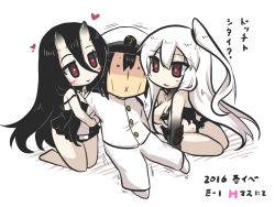 Rule 34 | 10s, 1boy, 2girls, :x, abyssal ship, admiral (kancolle), aircraft carrier princess, arm grab, arm hug, battleship princess, black dress, black hair, commentary request, dress, full body, gloves, goma (gomasamune), hair between eyes, hat, heart, heart-shaped pupils, horns, kantai collection, long hair, md5 mismatch, military, military hat, military uniform, multiple girls, nightgown, one side up, peaked cap, red eyes, restrained, school uniform, serafuku, short dress, side ponytail, skin-covered horns, skirt, strap slip, symbol-shaped pupils, torn clothes, torn skirt, translation request, uniform, white background, white hair
