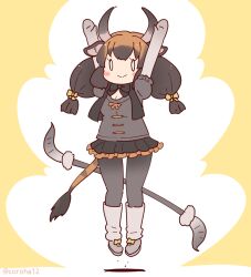 Rule 34 | 1girl, animal ears, arms up, banteng (kemono friends), black hair, bow, bowtie, coroha, cow ears, cow girl, cow horns, cow tail, elbow gloves, extra ears, full body, gloves, horns, jumping, kemono friends, kemono friends 3, long hair, looking at viewer, pantyhose, ribbon, shirt, shoes, simple background, skirt, socks, solo, tail, twintails, yellow background