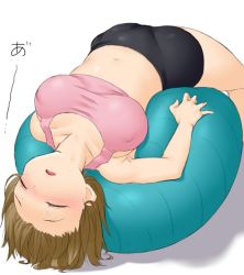 Rule 34 | 10s, 1girl, animated, animated png, ball, bare arms, bike shorts, blush, breasts, brown hair, crop top, derivative work, exercise ball, closed eyes, gym outfit, idolmaster, idolmaster cinderella girls, kaze (kazesan), large breasts, lying, midriff, mimura kanako, navel, on back, onsoku inu, open mouth, shirt, short hair, solo, tank top, taut clothes, taut shirt