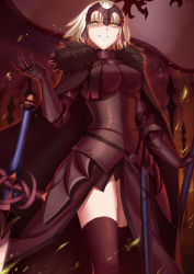 Rule 34 | 1girl, armor, armored dress, banner, black armor, black capelet, black cloak, black dress, black panties, black thighhighs, blonde hair, breasts, capelet, chain, cloak, cloud, cloudy sky, commentary, commentary request, dress, english commentary, fate/apocrypha, fate (series), faulds, from below, fur-trimmed cloak, fur collar, fur trim, gauntlets, grin, hair between eyes, half-closed eyes, hand up, headpiece, highres, jeanne d&#039;arc (fate), jeanne d&#039;arc alter (avenger) (fate), jeanne d&#039;arc alter (avenger) (first ascension) (fate), jeanne d&#039;arc alter (fate), kakeku, large breasts, long dress, long sleeves, looking at viewer, medium hair, outdoors, panties, pantyshot, plackart, planted, planted sword, planted weapon, sky, slit pupils, smile, smoke, solo, sparks, standing, sword, thighhighs, underwear, weapon, yellow eyes