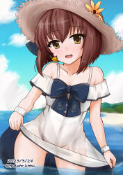 Rule 34 | 1girl, beach, blue sky, brown eyes, brown hair, cloud, commentary request, covered navel, cowboy shot, dated, day, dress, hat, headset, highres, horizon, kamiya tadato, kantai collection, looking at viewer, ocean, official alternate costume, one-hour drawing challenge, open mouth, outdoors, scrunchie, short hair, skirt hold, sky, solo, straw hat, sun hat, sundress, twitter username, wading, water, white dress, wrist scrunchie, yukikaze (kancolle)