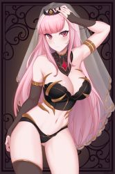 Rule 34 | 1girl, armlet, bare shoulders, blush, bra, breasts, choker, cleavage, detached sleeves, gold bracelet, gold trim, hand on head, hand on leg, highres, hololive, hololive english, large breasts, legs, long hair, looking at viewer, mori calliope, multicolored bra, multicolored clothes, multicolored panties, nail polish, panties, pink eyes, pink hair, see-through, shellvi, skull, solo, tiara, underwear, veil, virtual youtuber