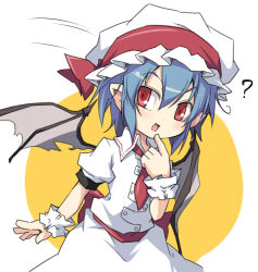 Rule 34 | 1girl, ?, bat wings, blue hair, dress, fang, female focus, hat, hat ribbon, looking at viewer, necktie, noya makoto, open mouth, pointing, pointing at self, pointy ears, red eyes, remilia scarlet, ribbon, sash, smile, solo, touhou, white dress, wings, wrist cuffs