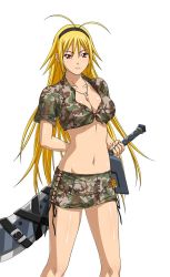 Rule 34 | 00s, 1girl, antenna hair, arm behind back, belt, black hairband, black ribbon, blonde hair, breasts, camouflage, chousen (ikkitousen), cleavage, crop top, eyebrows, front-tie top, groin, hairband, holding, holding sword, holding weapon, ikkitousen, jewelry, long hair, looking at viewer, magatama, medium breasts, midriff, military, military uniform, miniskirt, navel, necklace, pendant, red eyes, ribbon, shiny skin, shirt, simple background, skirt, solo, sword, tied shirt, uniform, weapon, white background